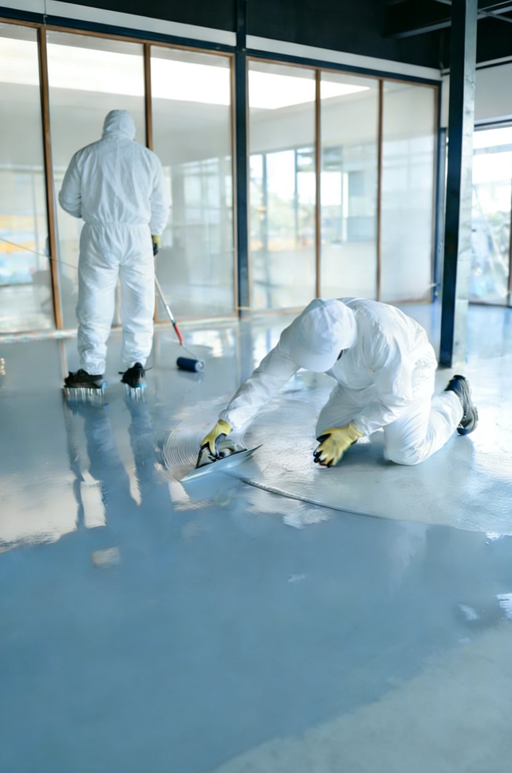 Manual polyurea coating application for industrial floor waterproofing and protective flooring