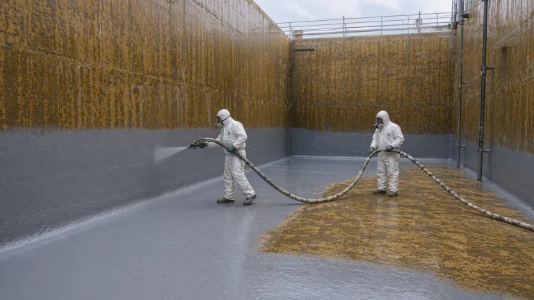 BW3-900 spray polyurea coating detail around an industrial floor corner