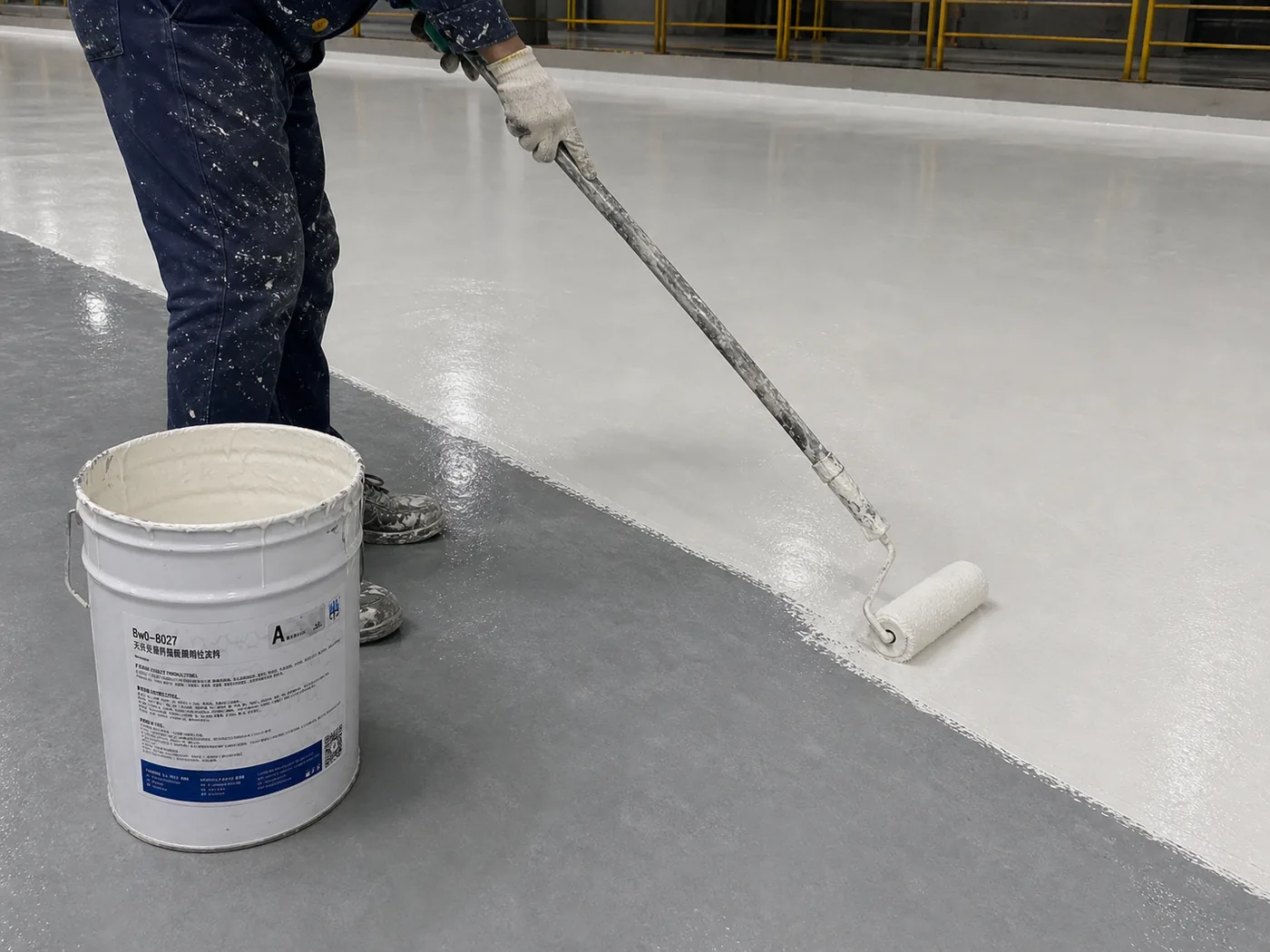 Roller application of BW0-8027 polyaspartic floor coating on a prepared concrete floor