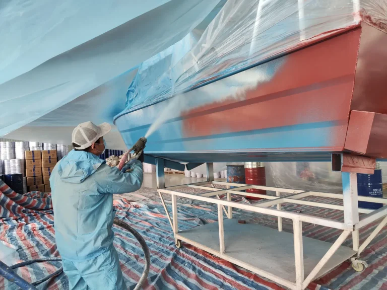 Spray application of BW0-8028 polyaspartic anticorrosion coating on a metal surface