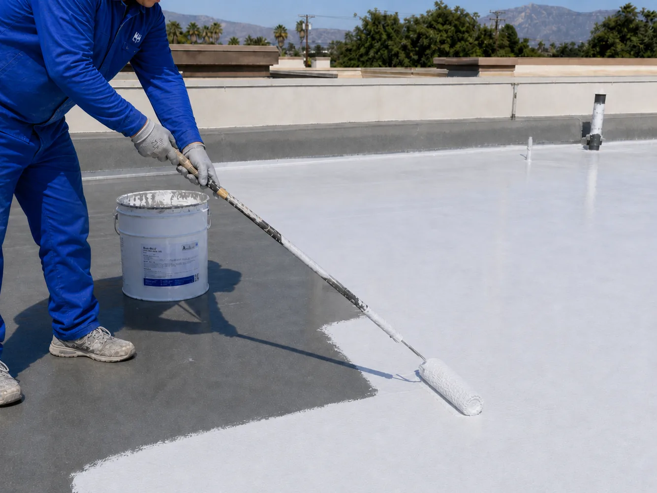 Close application detail of BW0-8029 polyaspartic protective topcoat on a prepared roof surface
