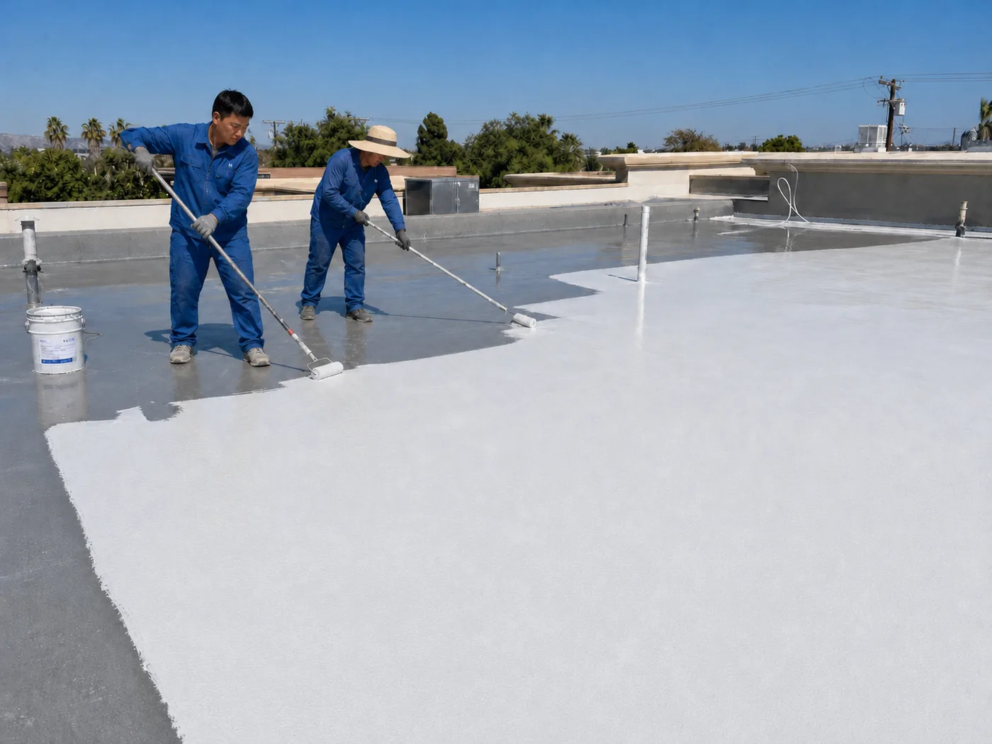 Roller application of BW0-8029 polyaspartic protective topcoat on a roof surface