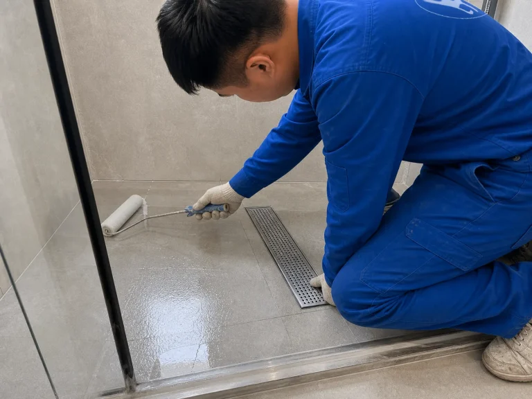 Close application detail of BW0-8031 no-demolition tile waterproof protective coating near a floor drain
