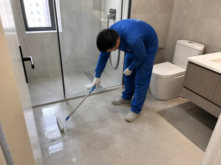 Roller application of BW0-8031 solvent-free polyaspartic waterproof coating over bathroom tiles