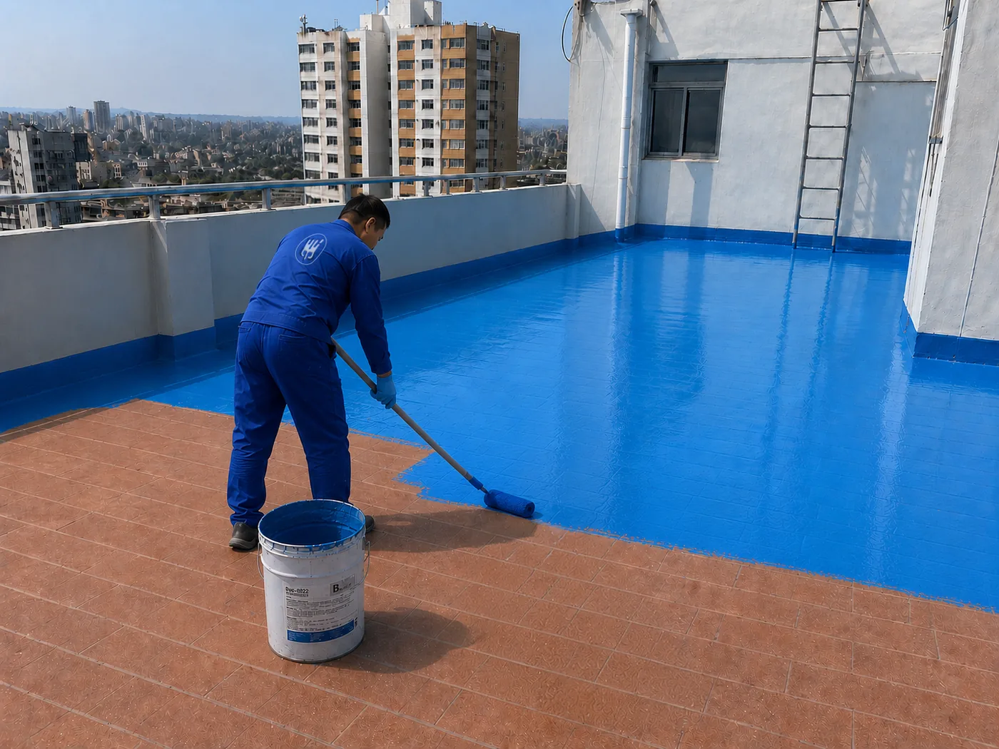 Roller application of BW0-8032 solvent-free polyaspartic topcoat on a rooftop coating surface