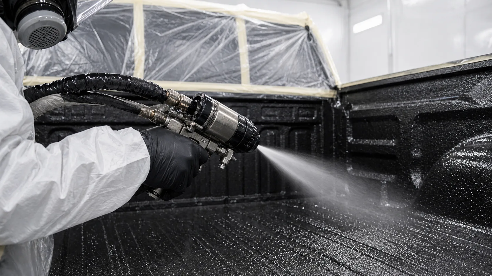 Close spray detail of BW3-319 high-strength explosion-proof protective coating on a vehicle bed