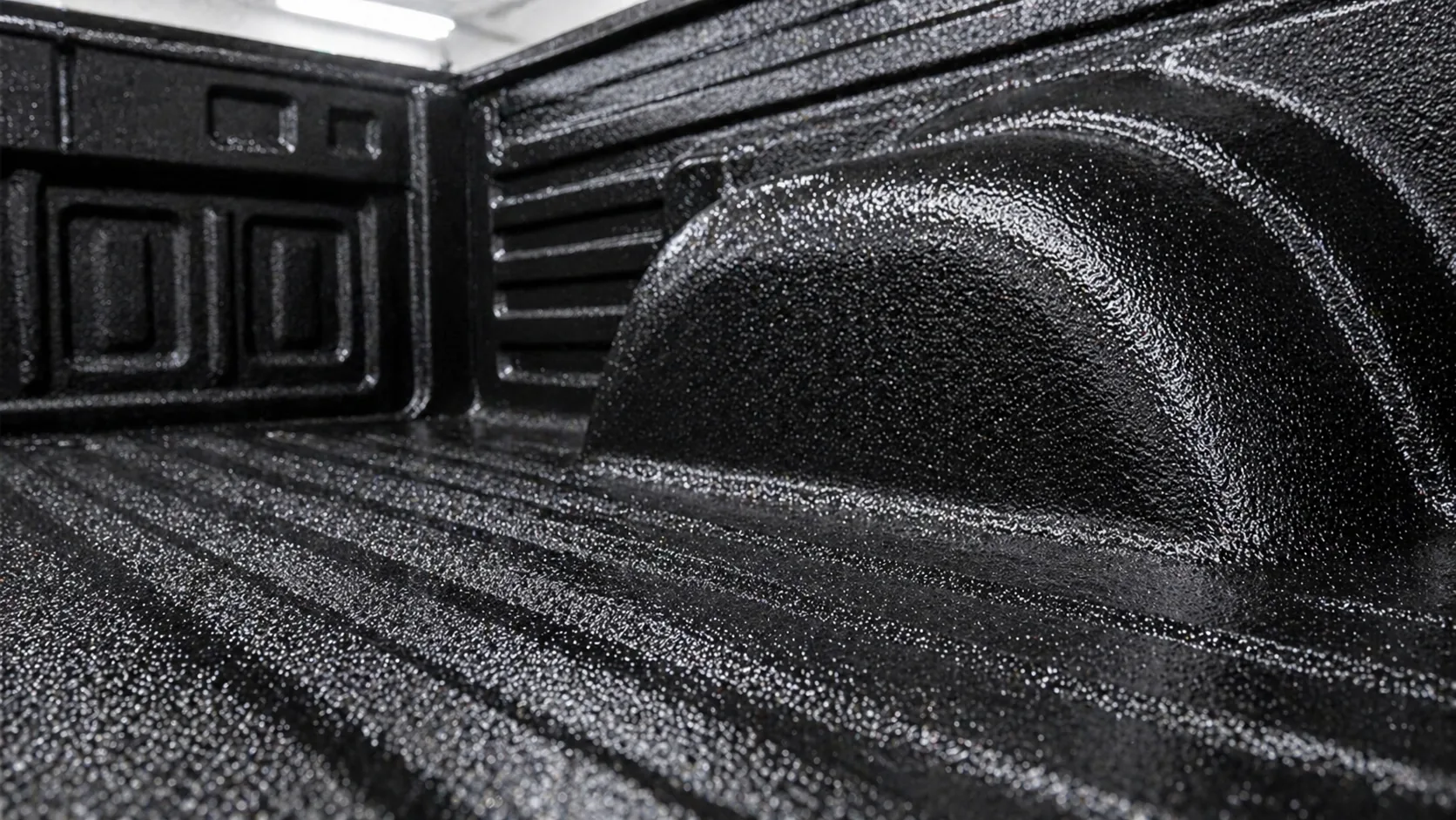 Detail view of BW3-319 high-strength protective coating texture in a special vehicle cargo bed