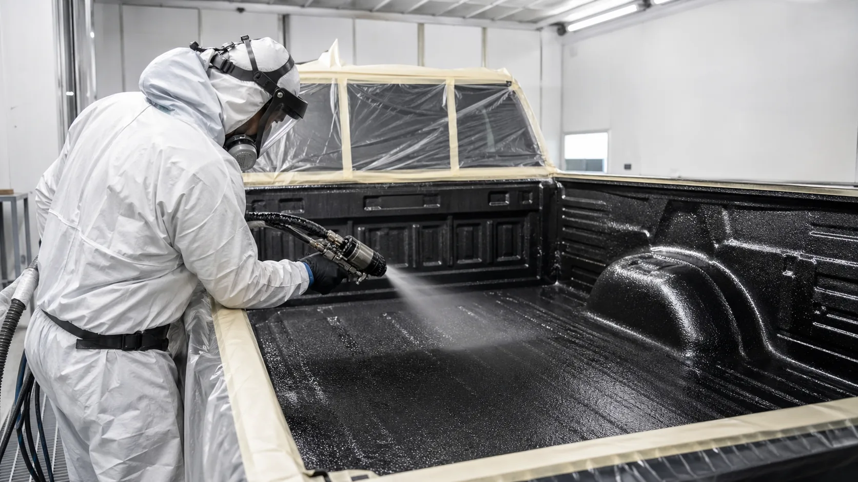 Spray application of BW3-319 high-strength protective coating inside a special vehicle cargo bed