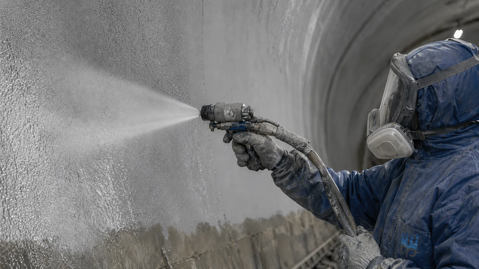 Close spray detail of BW3-9007 fire-retardant polyurea anticorrosion coating on a tunnel wall