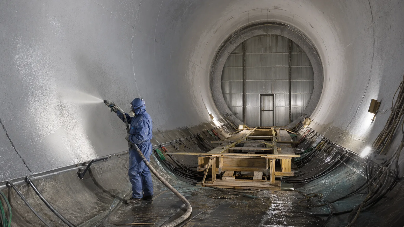 Spray application of BW3-9007 fire-retardant polyurea protective coating inside a traffic tunnel