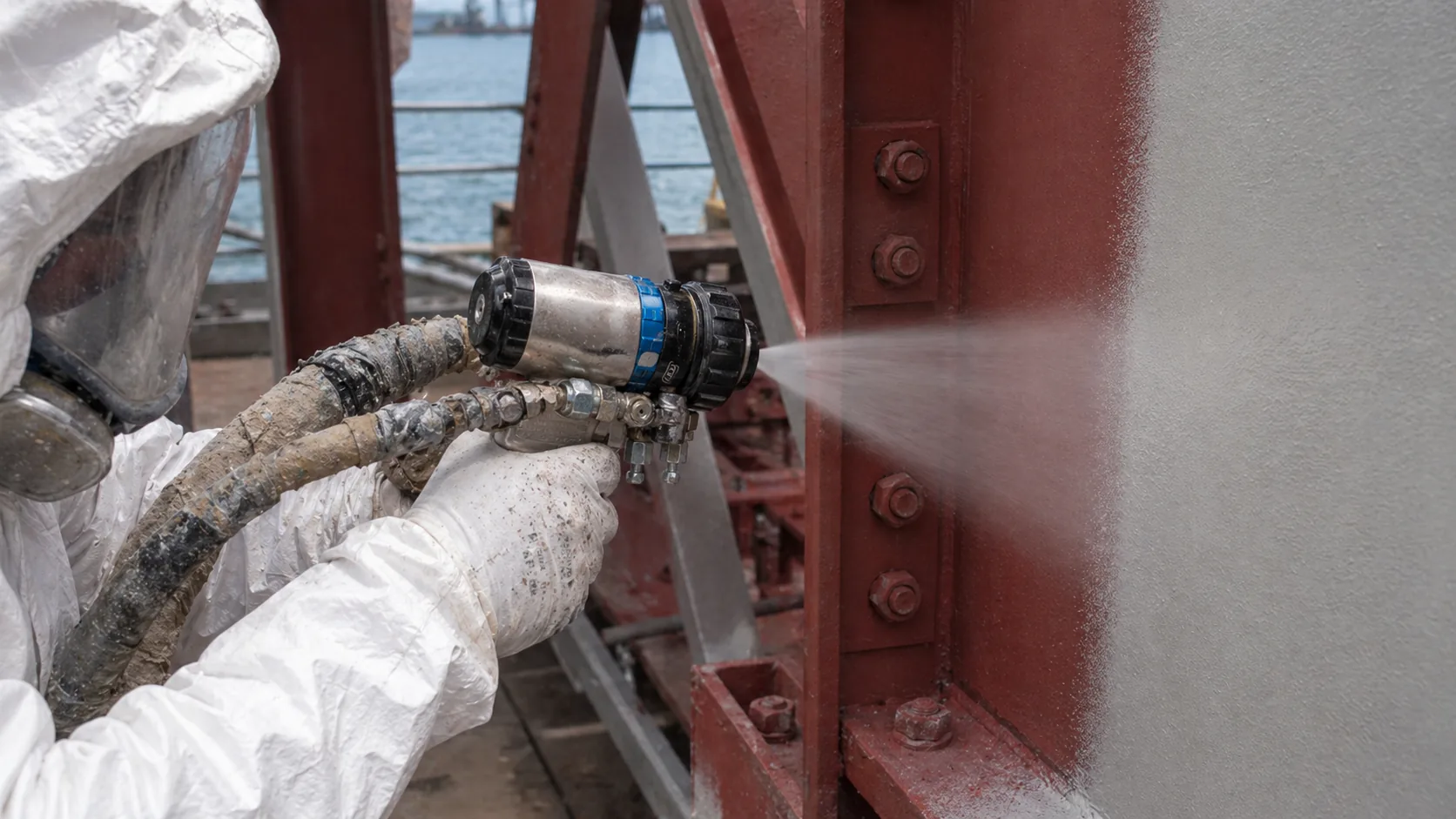Close spray detail of BW3-9009 aliphatic polyurea waterproof anticorrosion coating on steel
