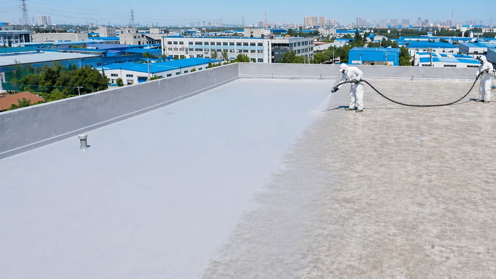 Spray application of BW3-951 polyurea waterproof protective coating on an industrial roof