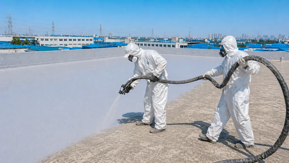 BW3-951 spray polyurea coating applied with plural component spray equipment on a roof