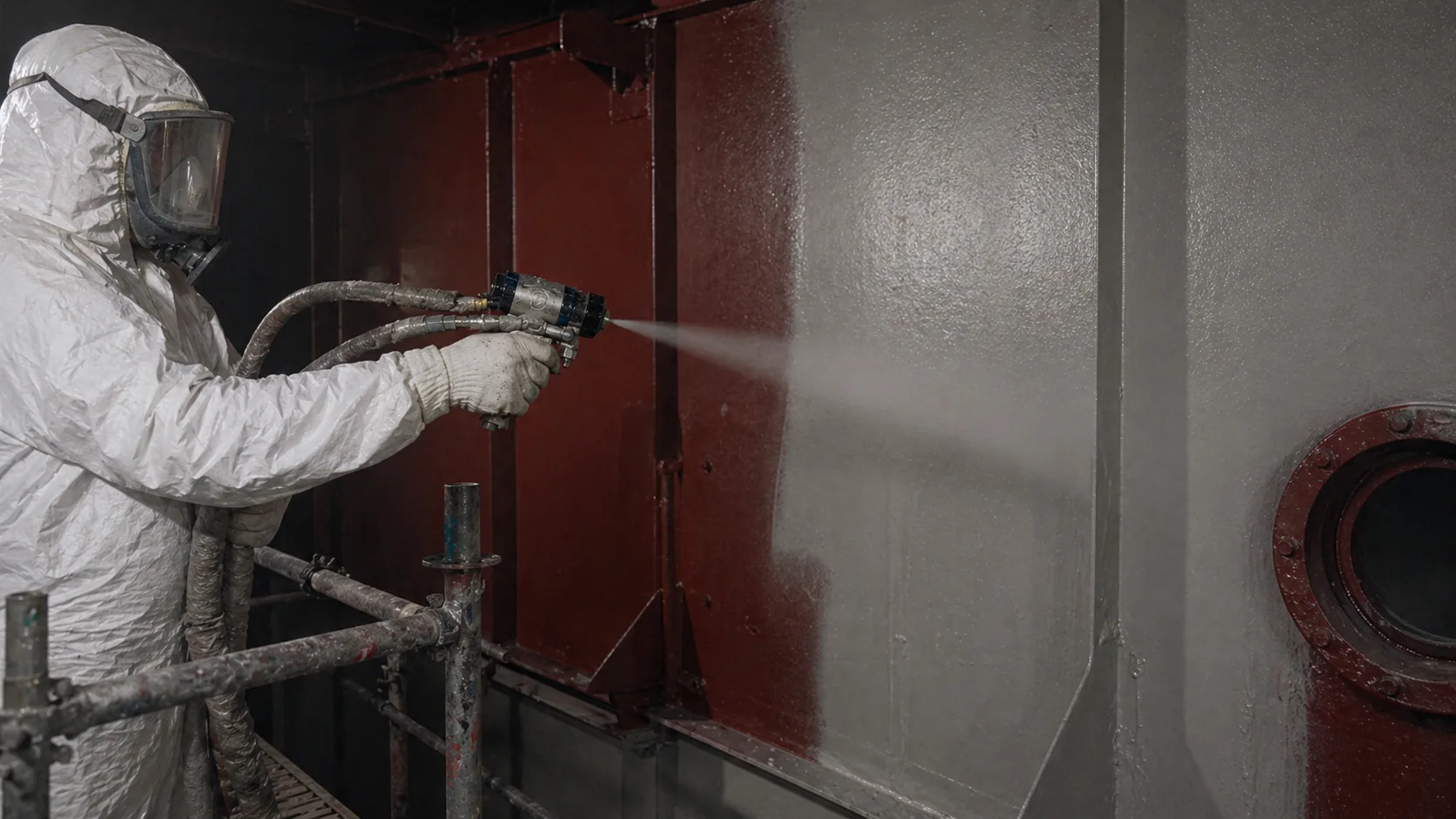 Close spray detail of BW3-9512 petrochemical heavy-duty polyurea anticorrosion coating
