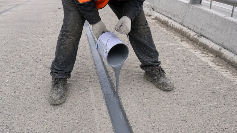 Close pouring detail of BW6-189 polyurea concrete joint sealant into an expansion joint