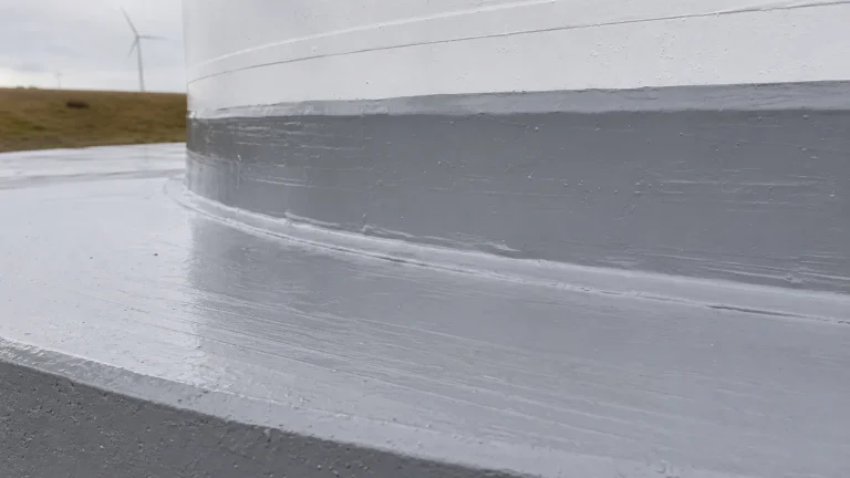 Finished film and edge detail of BW6-8526 aliphatic polyurea waterproof anticorrosion protective coating around a tank base