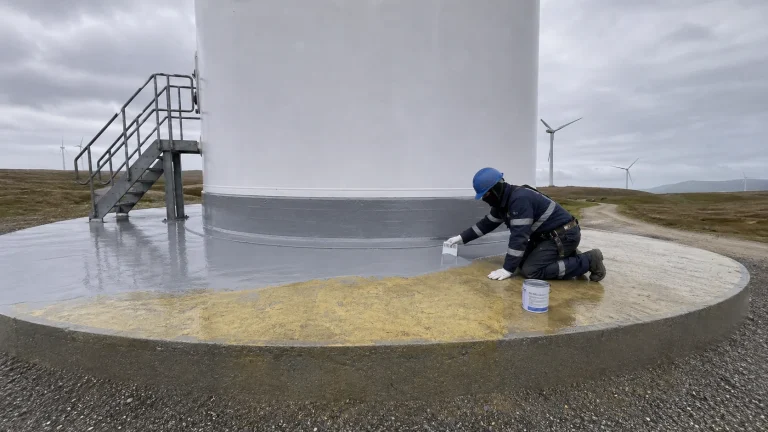Worker applying BW6-8526 aliphatic hand-applied polyurea waterproofing around an industrial tank base