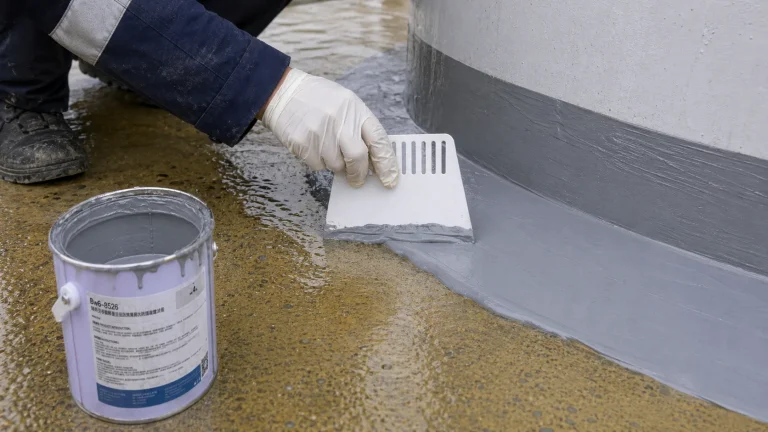 Close-up scraper application detail of BW6-8526 thick-film aliphatic polyurea coating with product bucket