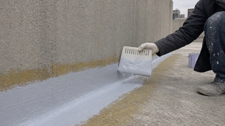 Hand application of BW6-9526 thick-film polyurea waterproof coating on a prepared concrete surface