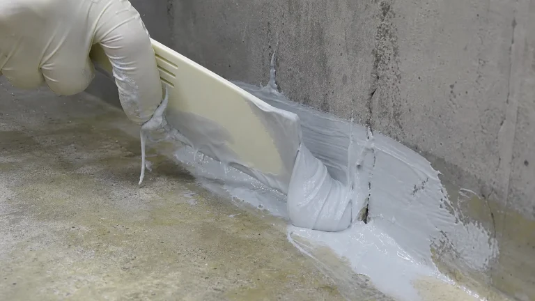 Close hand-scrape detail of BW6-9526 thick-film polyurea waterproof coating around a concrete wall base