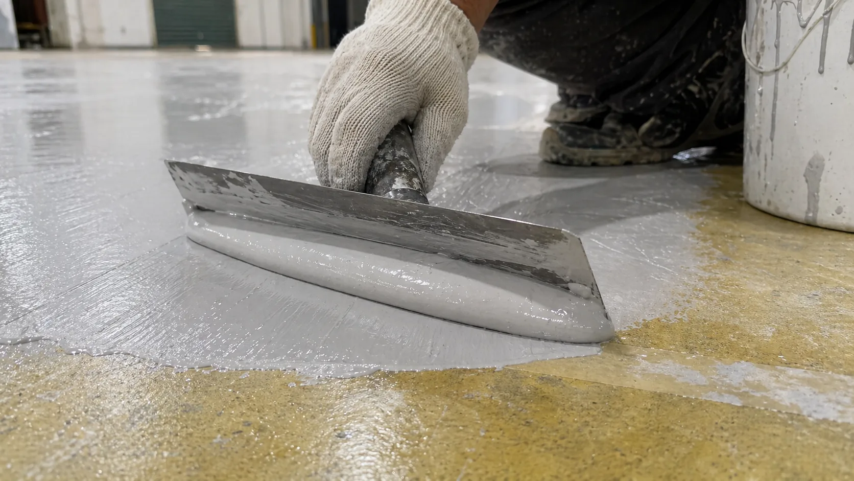 Close hand-scrape application detail of BW6-9527 modified polyurea intermediate waterproof layer
