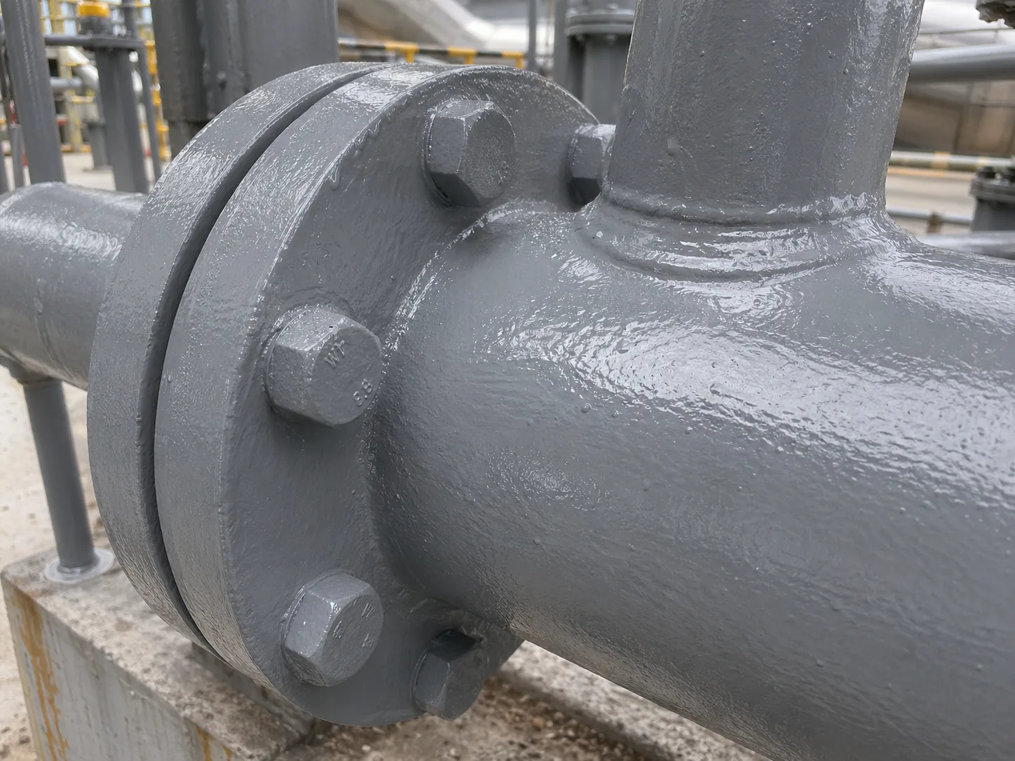 Finished BW6-959 industrial pipeline anticorrosion coating detail around flange and joint area