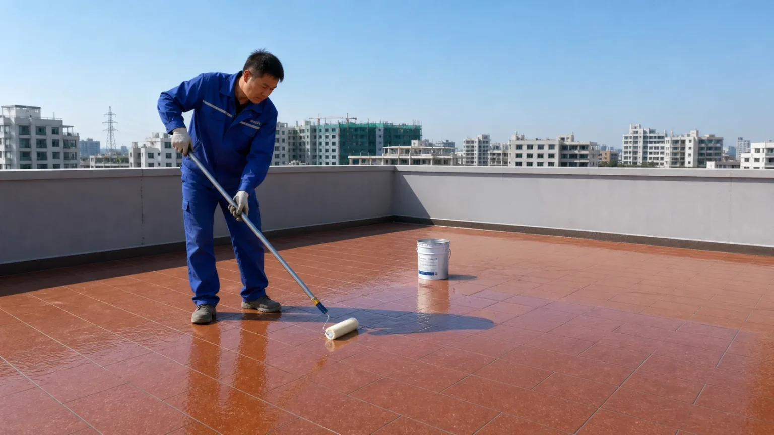 BW8007 one-component polyurea primer roller application on outdoor tile rooftop