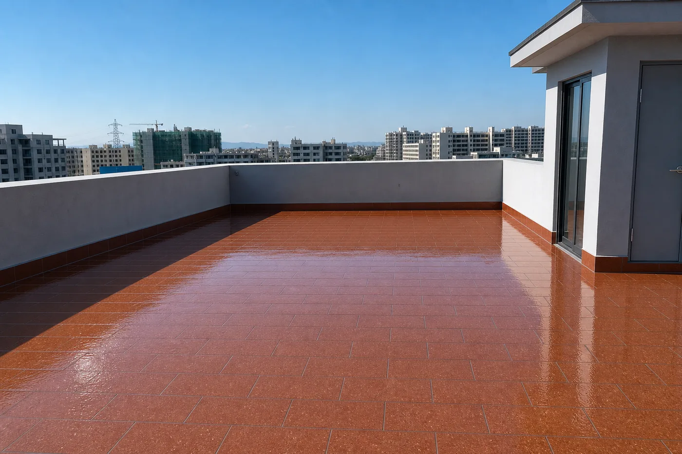 Finished outdoor tile rooftop surface sealed with BW8007 penetrating polyurea primer