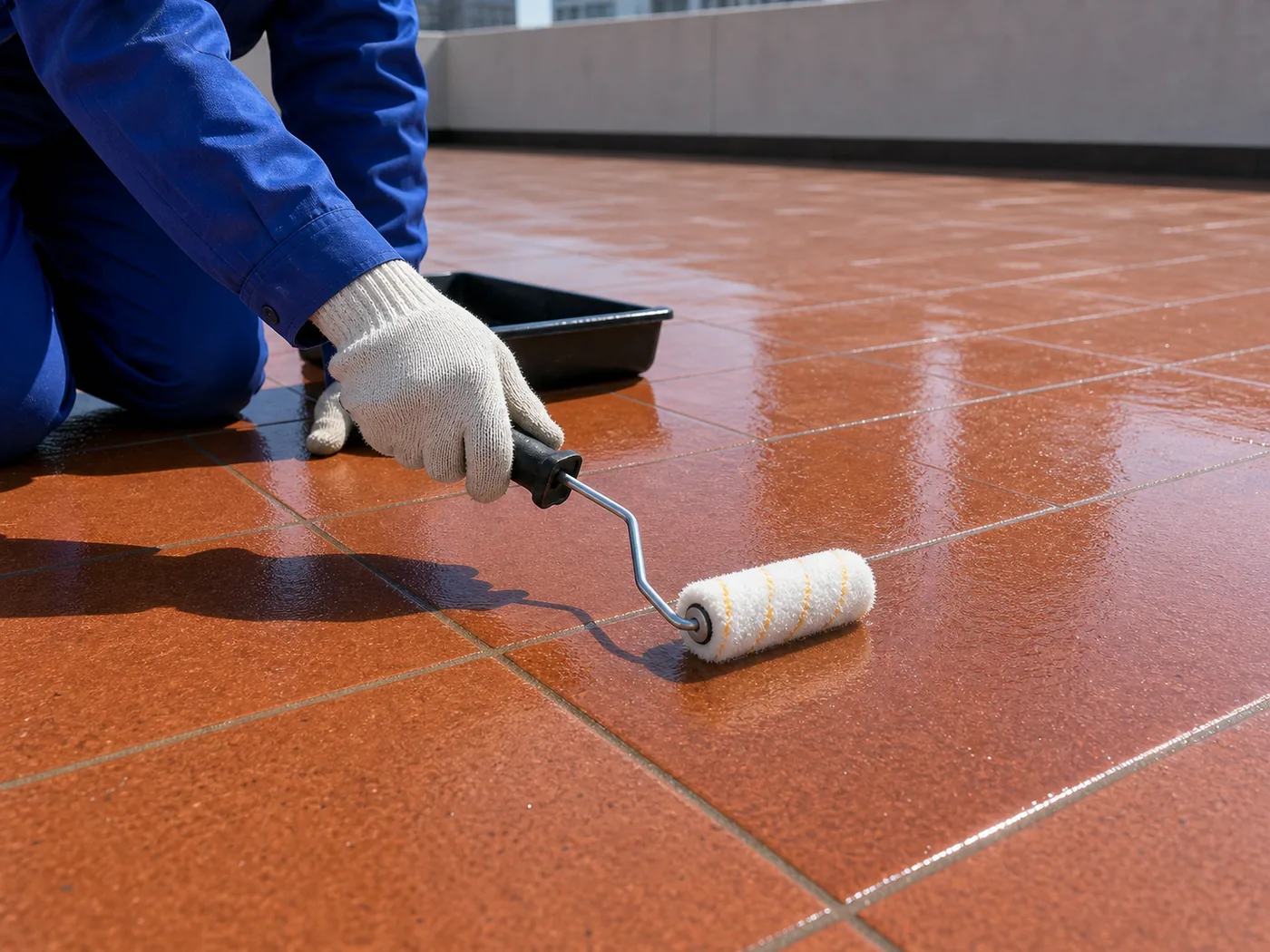 Close roller application detail of BW8007 single-component polyurea primer on outdoor tile joints