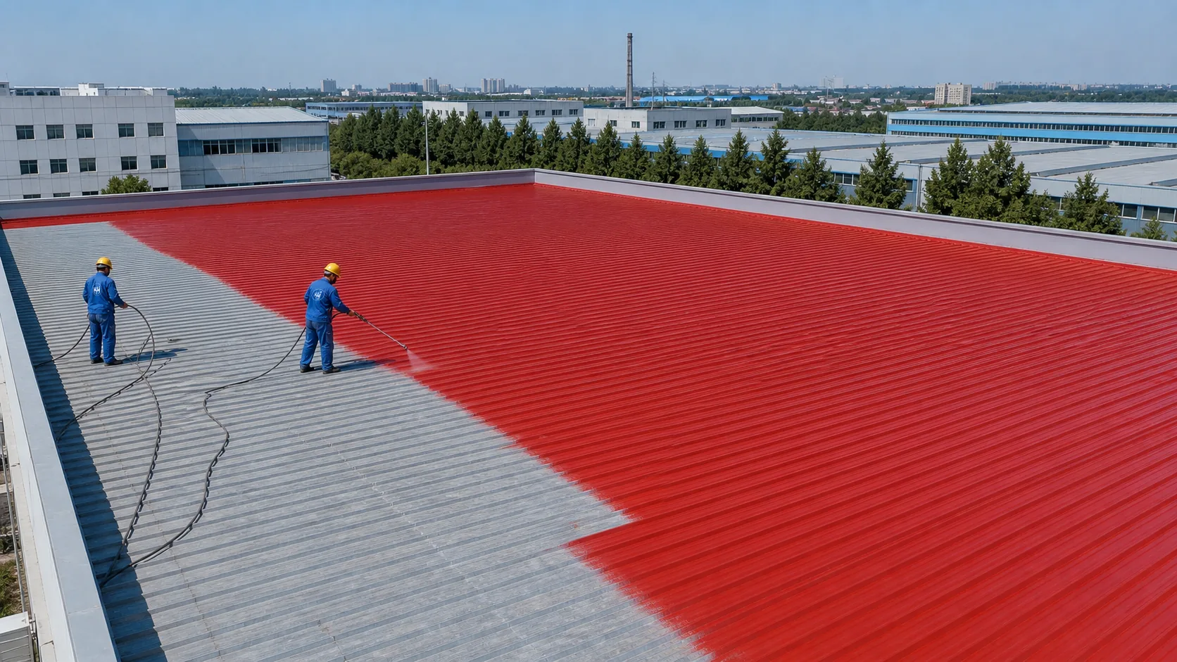 BW8008 metal polyurea primer spray applied on a steel roof for corrosion protection