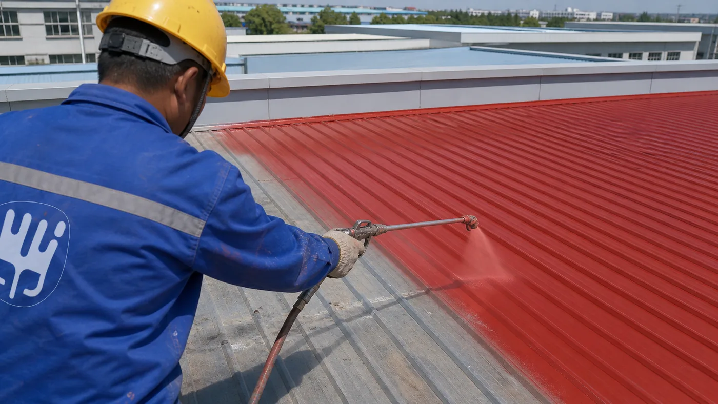 Close spray application detail of BW8008 metal roof polyurea primer on a steel substrate