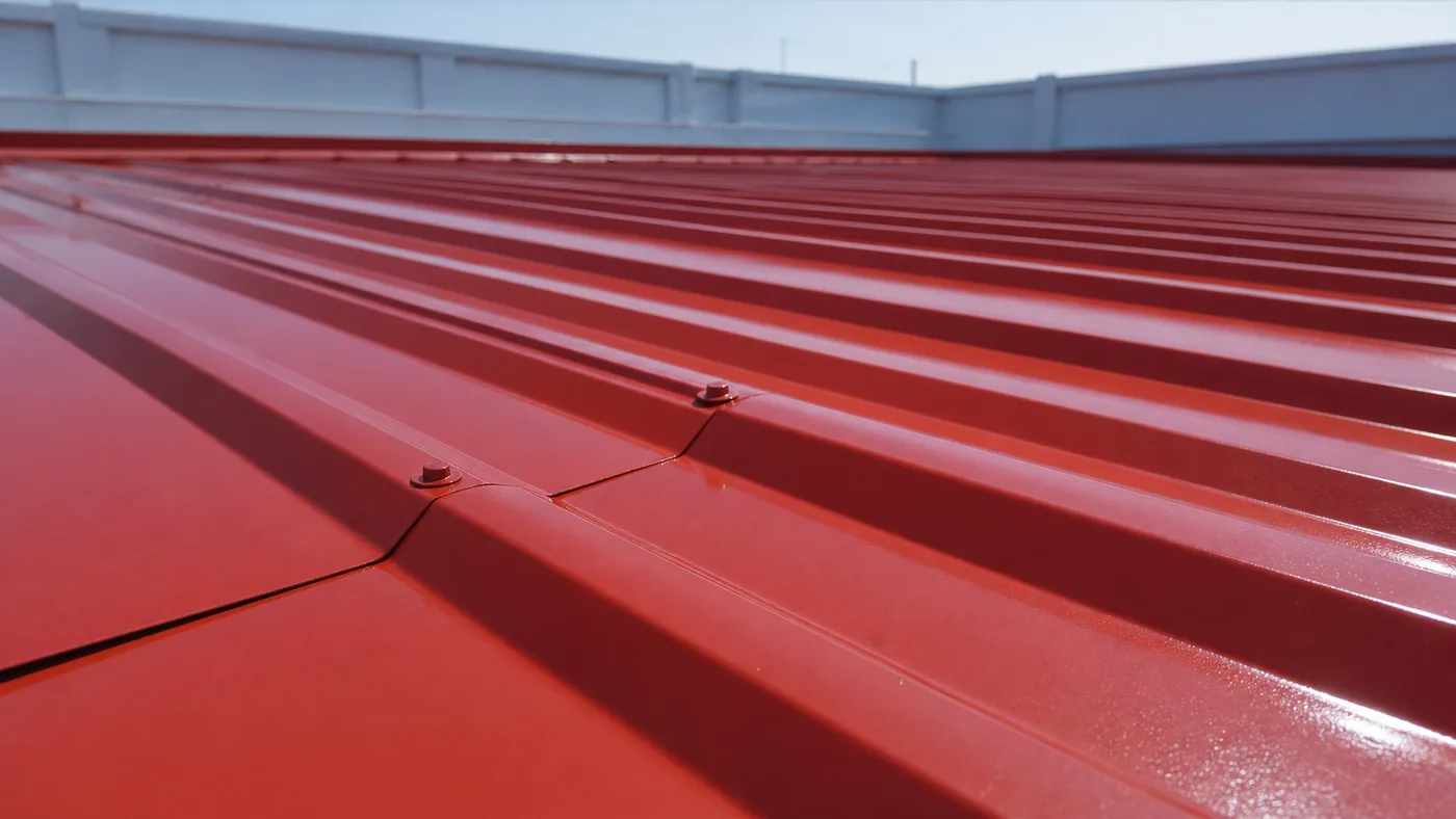 Finished detail of BW8008 red steel roof polyurea primer coating on corrugated metal panels