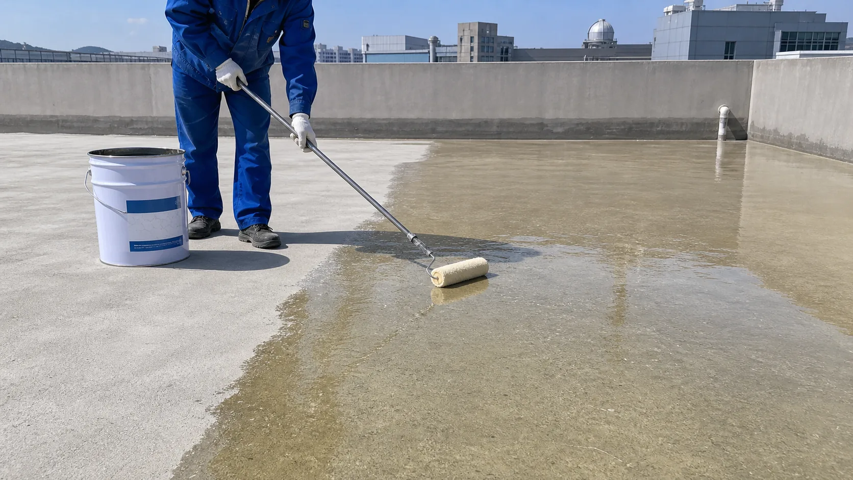 BW8009 concrete sealing polyurea primer applied by roller on a rooftop concrete substrate
