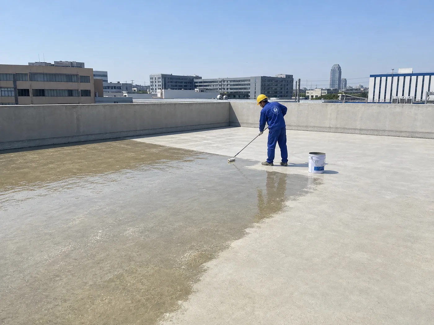 BW8009 two-component concrete primer wetting the substrate with high coverage during rooftop application