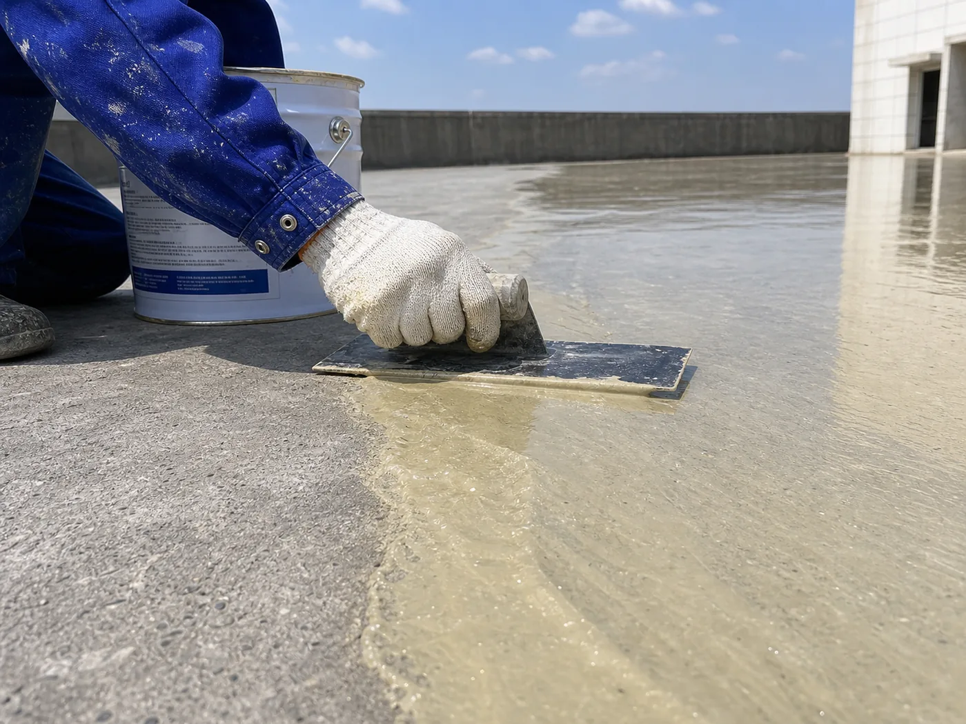 Close application detail of BW8010 two-component solvent-free polyurea primer on concrete