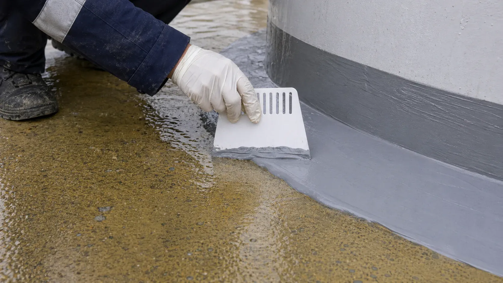 BW6-8526 hand-applied polyurea scraper detail for waterproof protective coating at a tank base