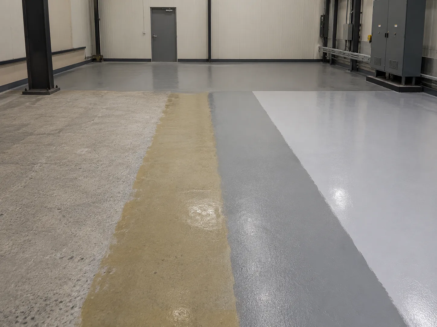 Industrial floor polyurea coating system showing concrete substrate, primer, build layer and finished wear-resistant surface