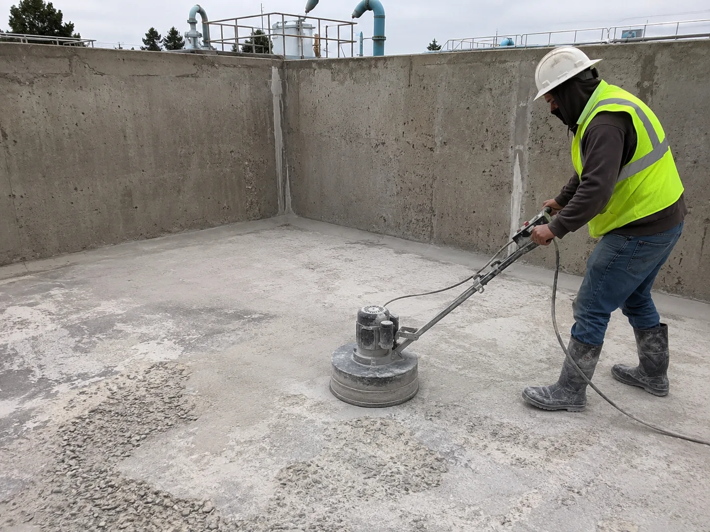 Concrete water tank substrate preparation with grinding before polyurea primer and lining application