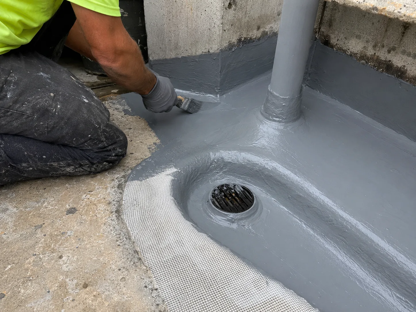Hand-applied polyurea detail treatment around roof drain and pipe root
