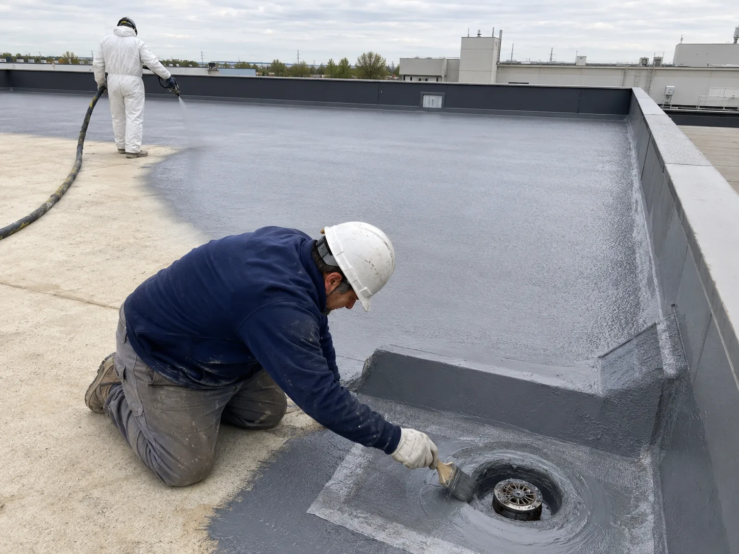Old waterproofing membrane renovation using hand-applied polyurea and reinforcement fabric