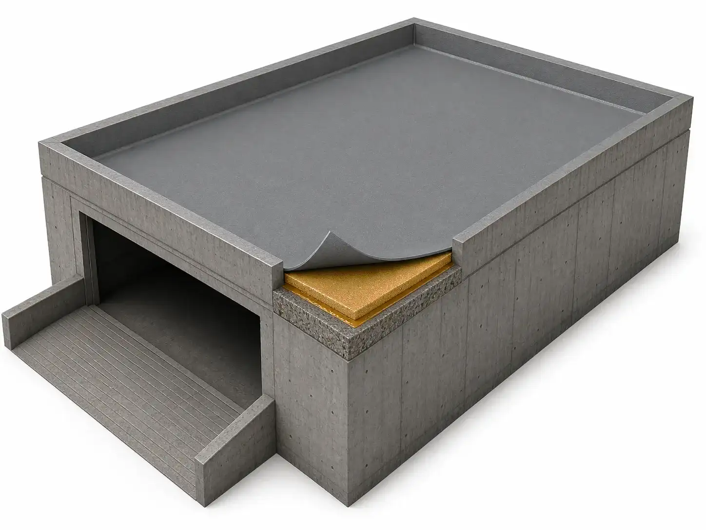 Basement garage roof deck spray polyurea waterproofing system layer cutaway with BW8010 primer, BW8010 quartz sand leveling repair and BW3-900 membrane