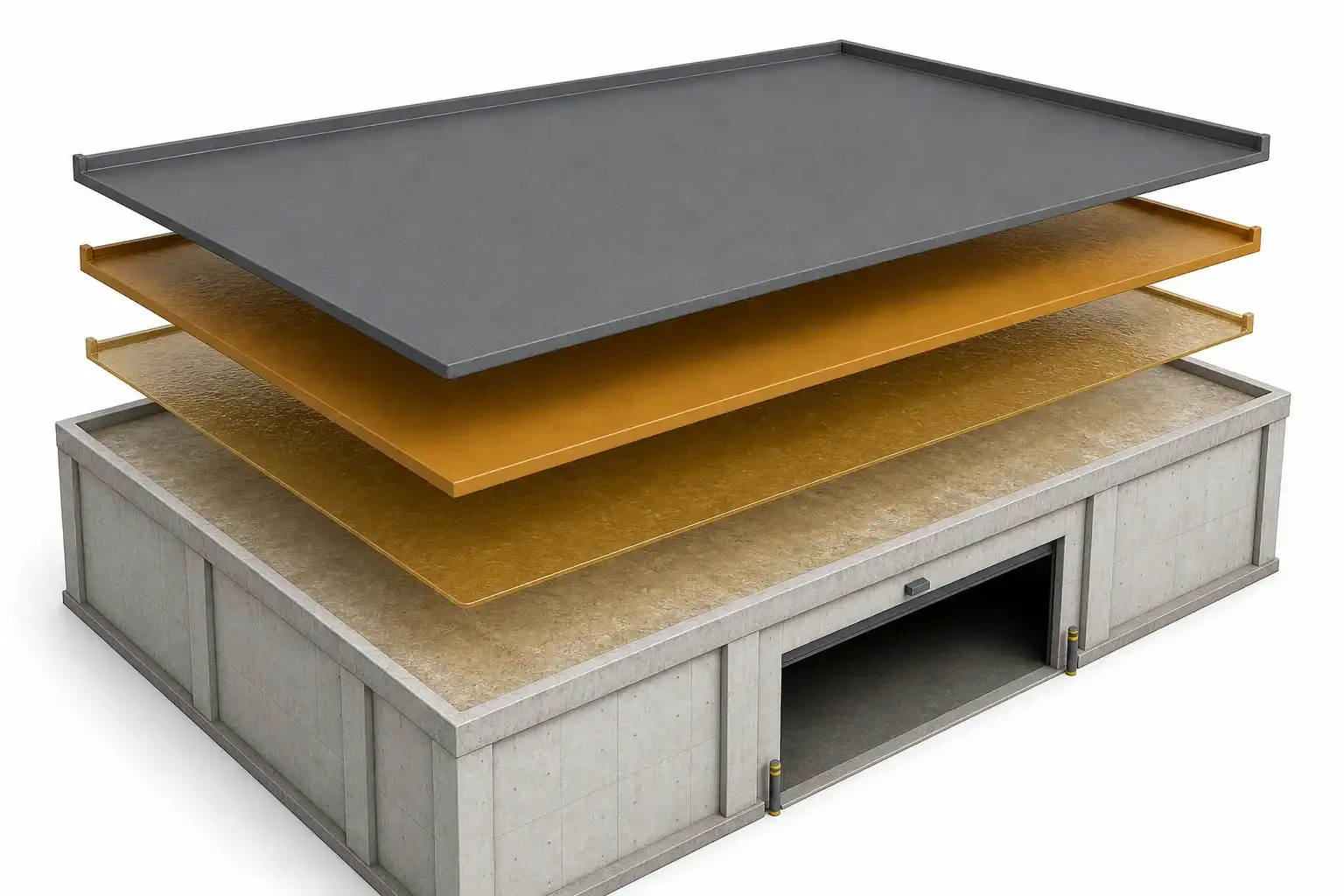 Three-layer basement garage roof deck waterproofing build-up with BW8010 first primer, BW8010 quartz sand leveling repair and BW3-900 membrane