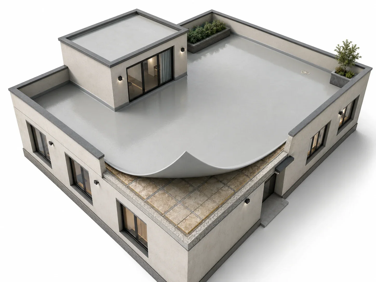 Old tile overlay polyaspartic waterproofing and protection system overview with BW6-9527 joint filling, BW8007 adhesion interface and BW8032 surface overlay