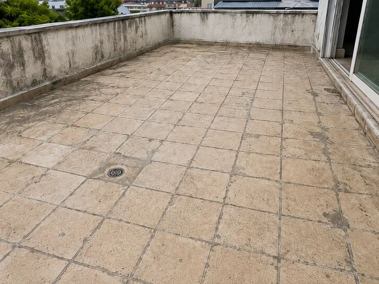 Old tile cleaning and joint grooving preparation before BW6-9527 joint filling and polyaspartic overlay