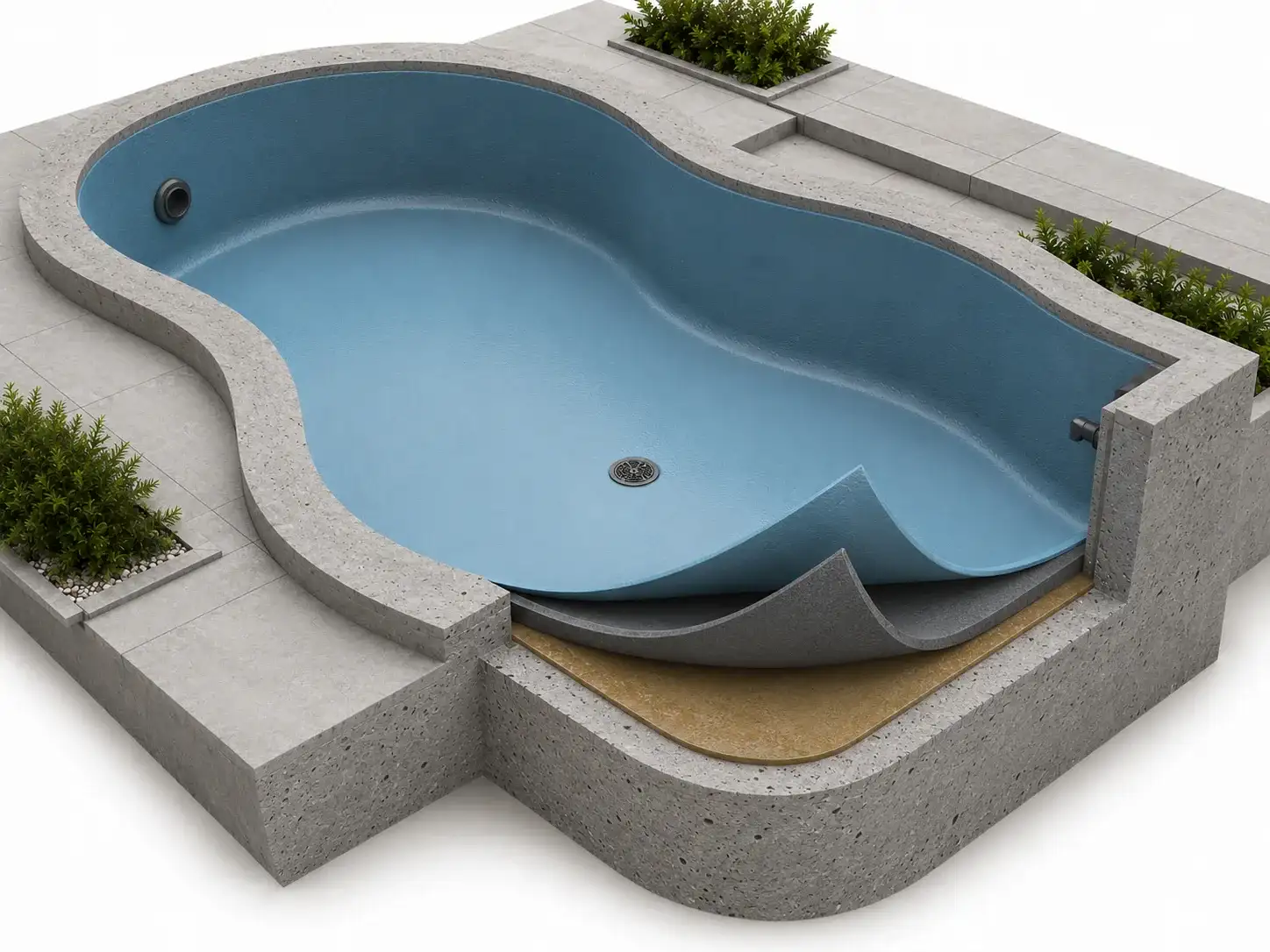 Hand-applied polyurea tank and swimming pool waterproofing system overview with BW8010 leveling repair, BW6-9528 main membrane and BW0-8029 topcoat