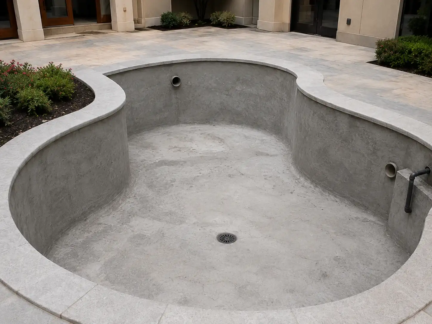 Concrete tank and swimming pool substrate preparation before BW8010 leveling repair and hand-applied polyurea waterproofing