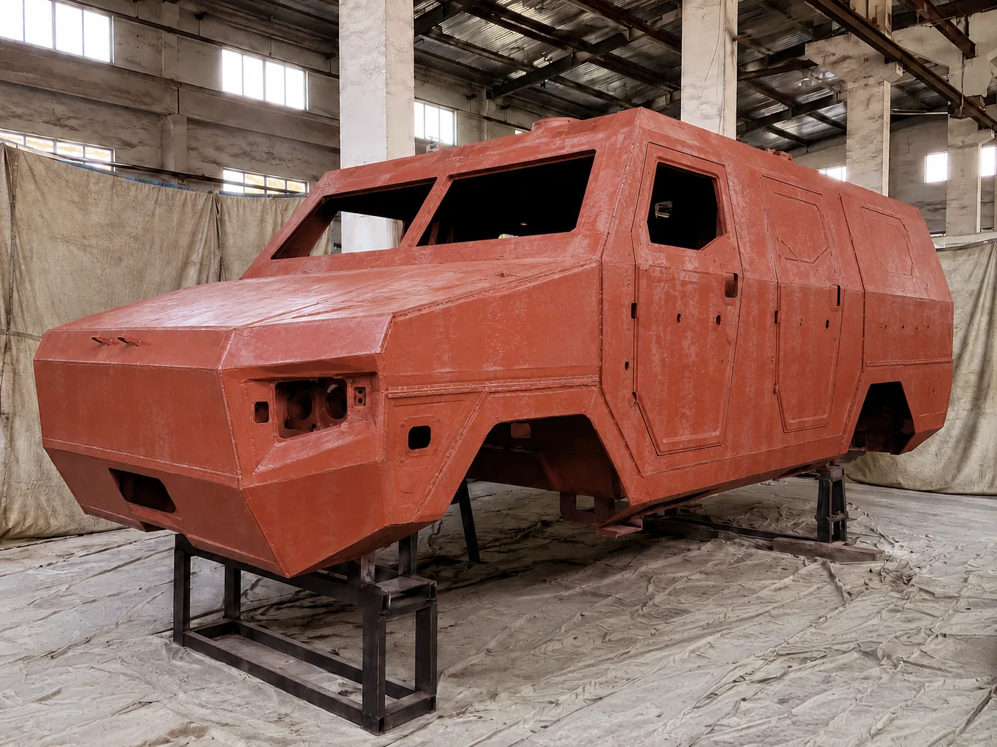 Self-built vehicle frame after BW8008 metal primer application for vehicle spray polyurea system visualization