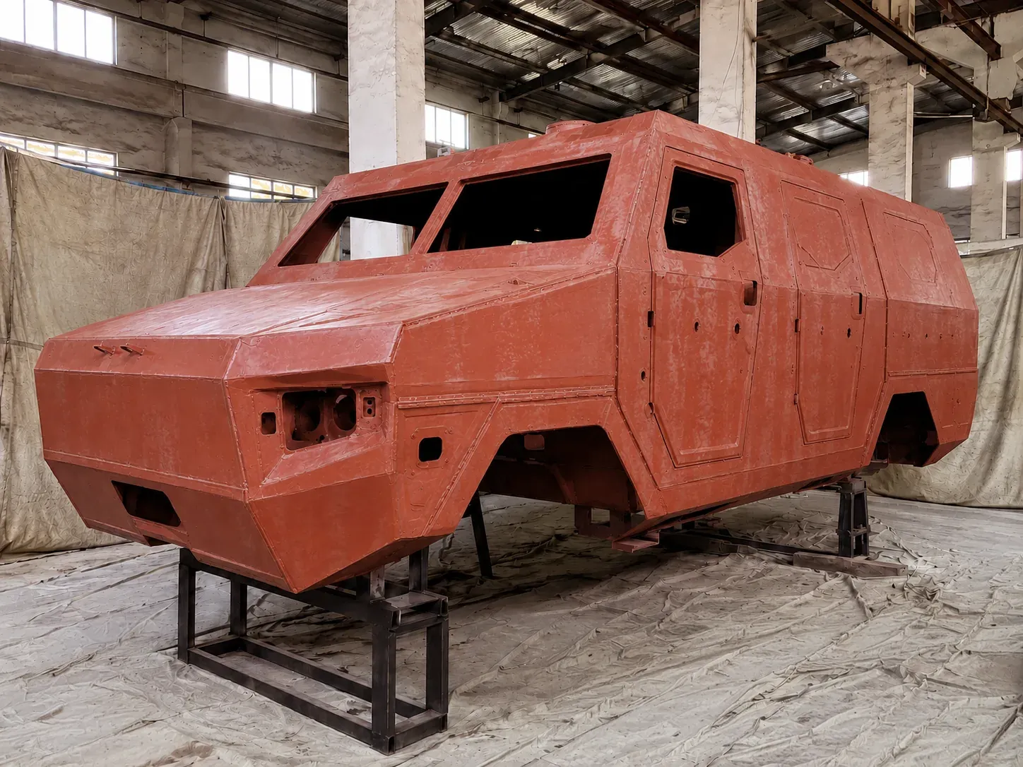 Self-built vehicle frame after BW8008 metal primer application for vehicle spray polyurea system visualization