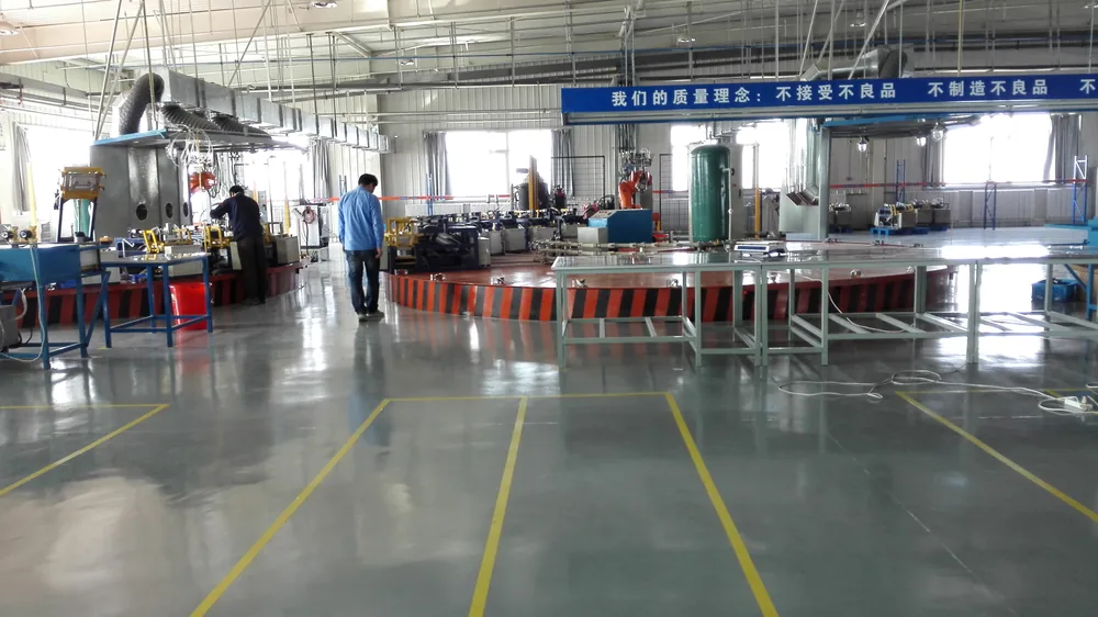 Automotive parts workshop floor with yellow line markings and equipment zone