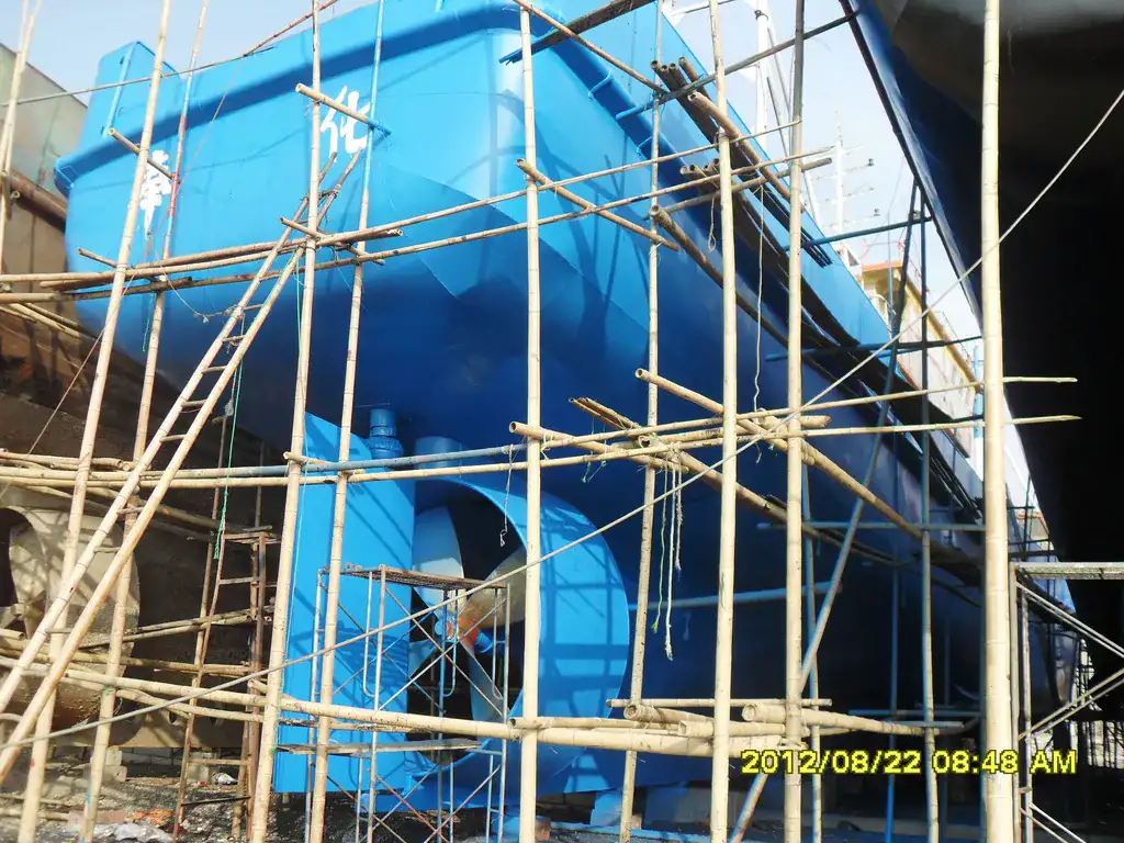 Blue fishing boat hull protected with polyurea coating